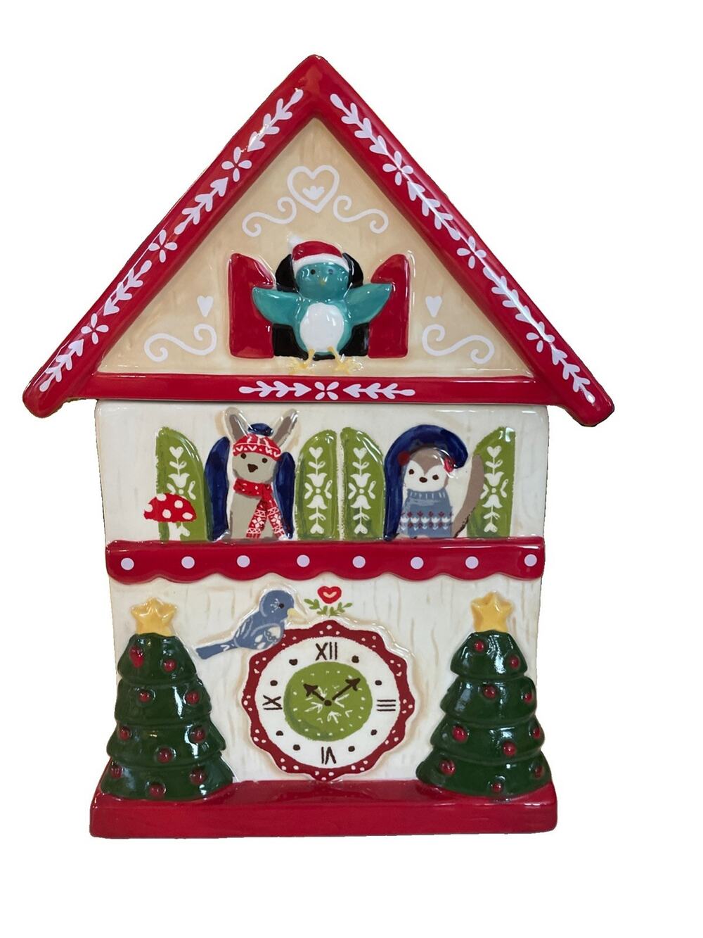 World Market Holiday Cuckoo Clock Cookie Jar Ski Lodge Ceramic Christmas NWT